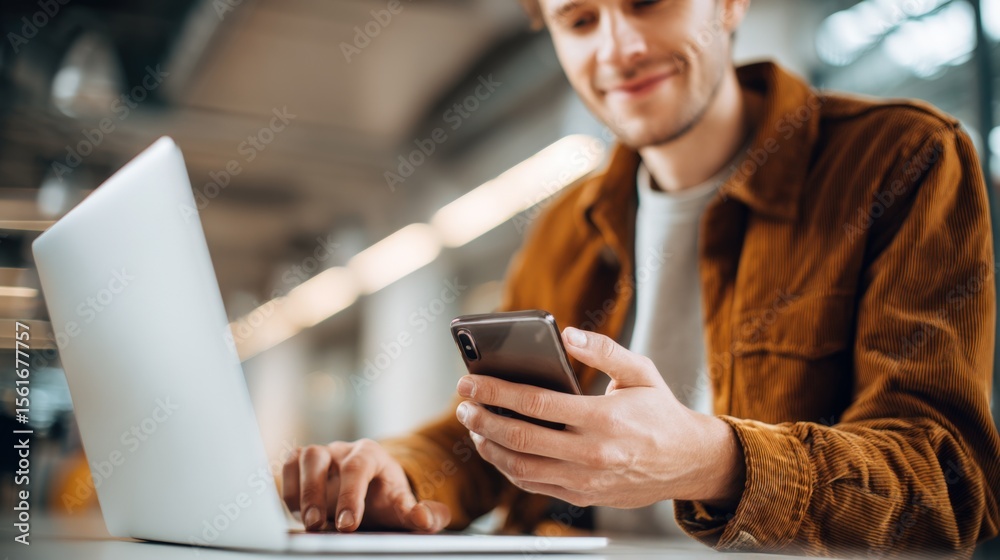 Poster young man using smartphone at laptop in modern workspace with natural lighting.