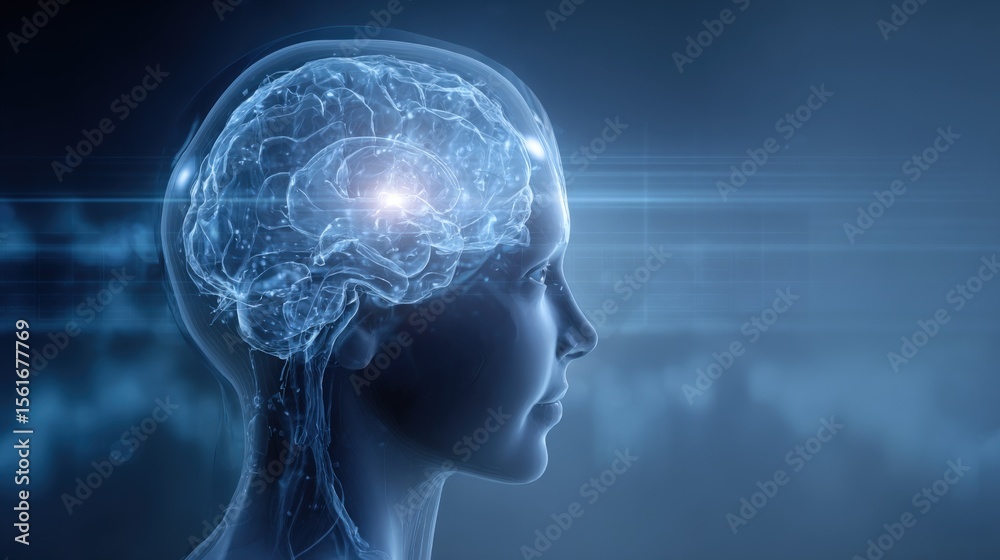 Poster highly detailed futuristic human brain and head with digital neural network visualization.