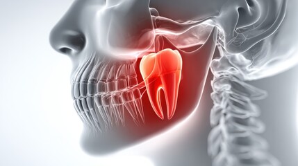 Detailed medical illustration of lower jaw and impacted wisdom tooth in human head.