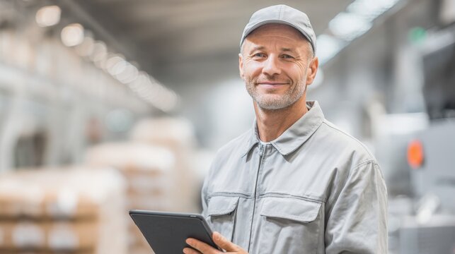 Friendly male warehouse worker with cap holding digital tablet in industrial setting.