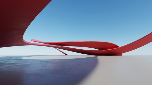 Abstract red curved architecture background, Empty wavy dynamic building space with empty concrete floor, Futuristic modern exterior for car presentation backdrop, 3d rendering