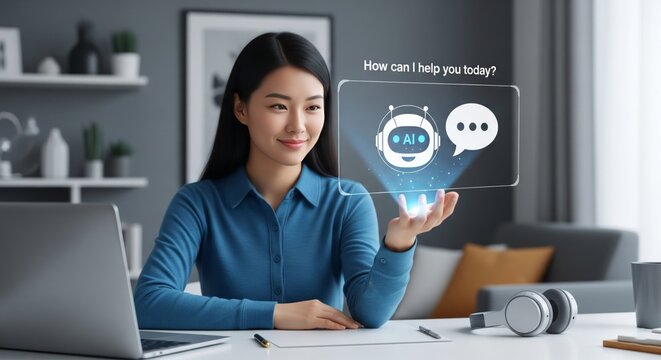 Asian Woman Using AI Chatbot Hologram Icon for Online Customer Support - Modern Technology