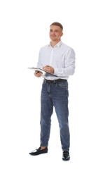 Psychologist with clipboard and pen on white background