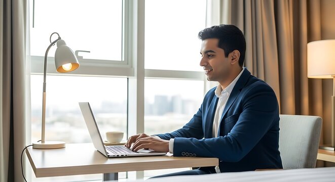 Businessman working on laptop in a hotel room.