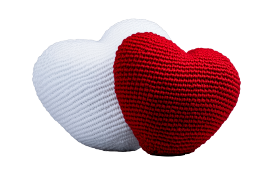 Knitted white and red hearts symbol, love, togetherness, cut out transparent