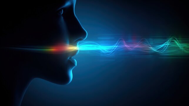 Futuristic digital art of a person's profile with colorful light wave emission in dark background.