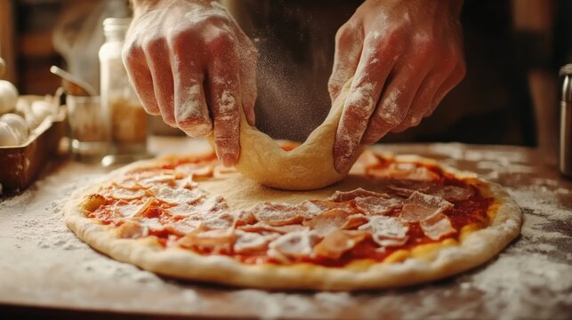 Hands shaping pizza dough over a prepared pizza base