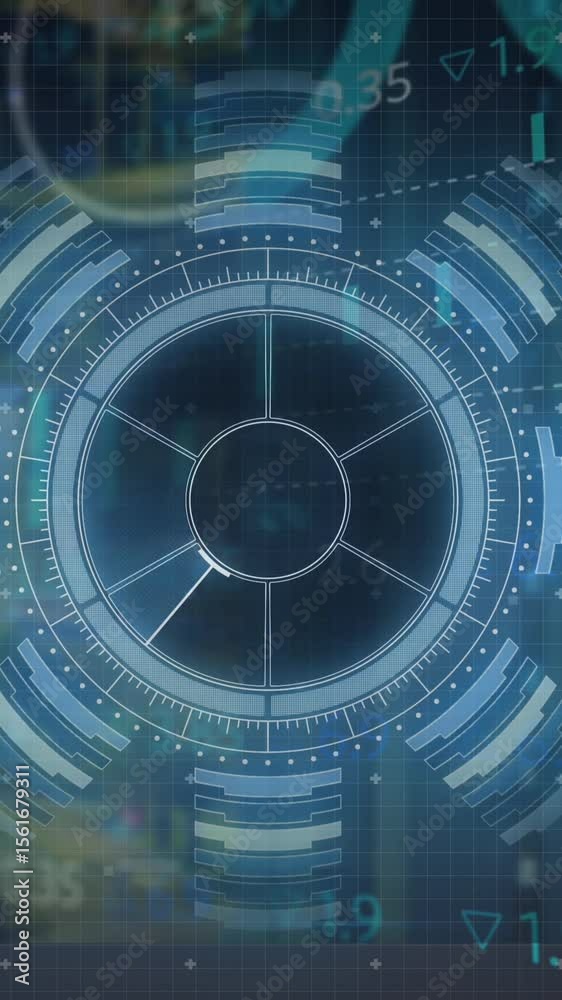 Poster animation of interface with data processing and round scanner against blue background