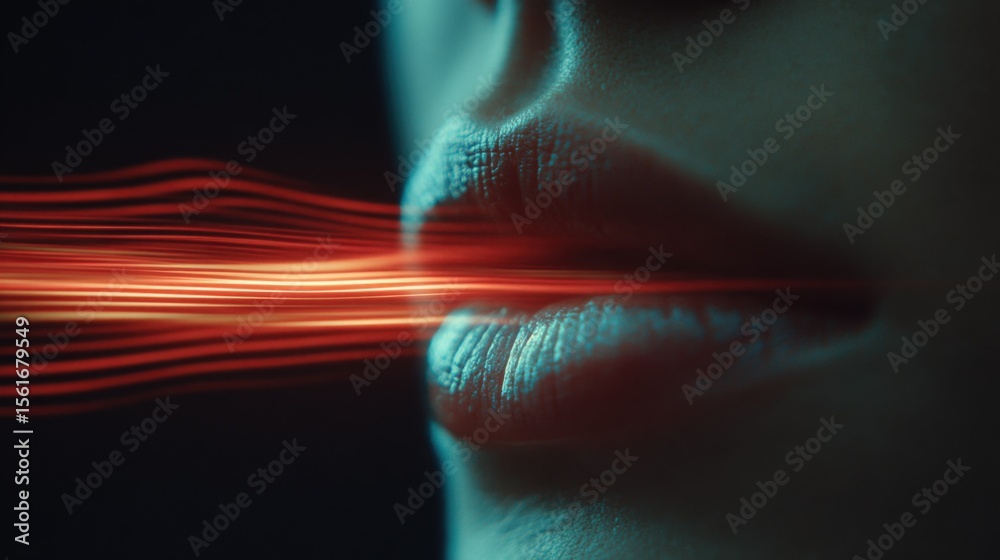 Poster close-up of lips with red laser light beams shooting out in a dark environment.