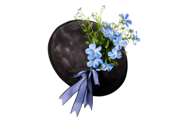 Vintage felt hat decorated with blue flowers and ribbon, cut out transparent