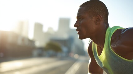 Determined male athlete running outdoors on city street during sunrise for fitness.