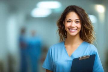 Happy young female healthcare professional in scrubs smiling holding tablet in clinic.