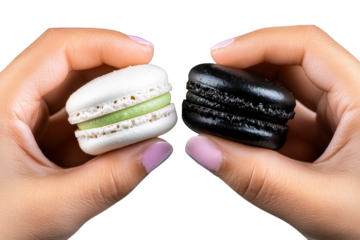 Woman's hands holding black and white macarons, cut out transparent