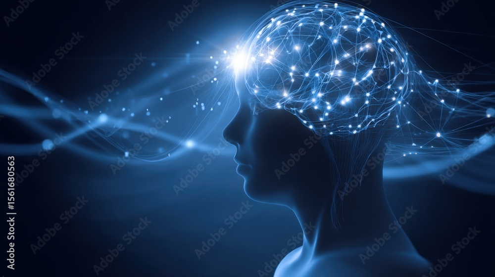 Poster Human profile with illuminated neural network and digital connections illustrating artificial intelligence.