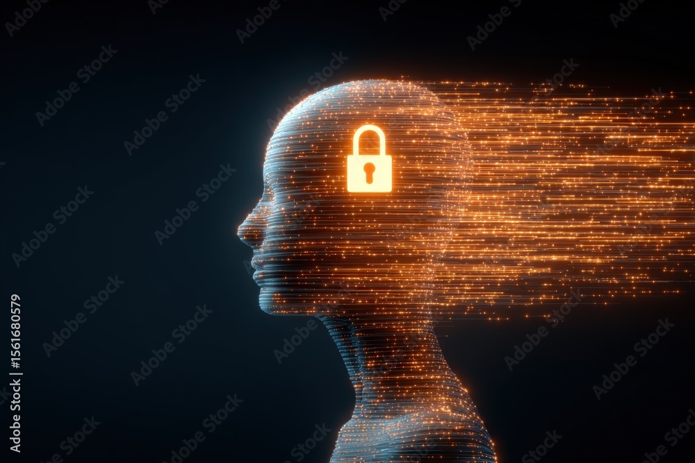 Poster Digital security concept of a human profile with glowing lock symbol and data stream.