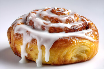 Delicious cinnamon roll with white icing and sugar crystals isolated on white background