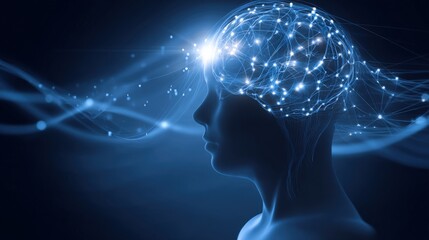 Obraz premium Human profile with illuminated neural network and digital connections illustrating artificial intelligence.