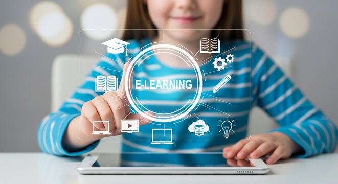 Child Using Large E-Learning Holographic Interface with Big Clear Online Education - Modern Digital Education - Powered by Adobe