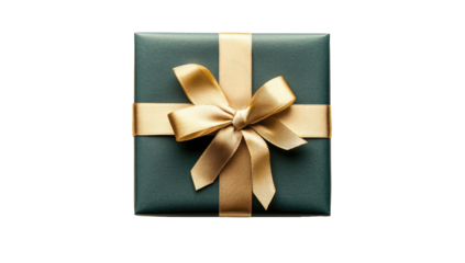 Square gift box, dark teal green, gold ribbon bow