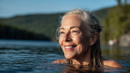Happy elderly woman enjoys swimming outdoors in a lake surrounded by nature and trees.