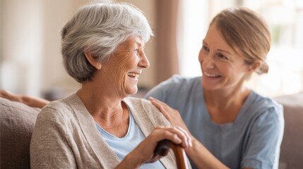 Elderly woman and female caregiver smiling and holding hands in a warm home setting.