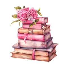 stack of vintage old books with pink roses