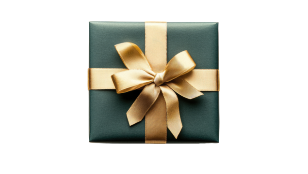 Square gift box, dark teal green, gold ribbon bow