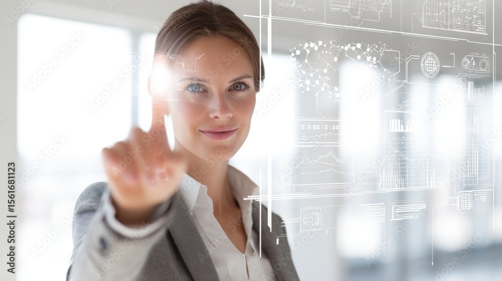 Poster businesswoman touching futuristic digital interface with data charts and holograms.