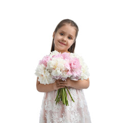 Cute little girl with bouquet of beautiful peonies on white background