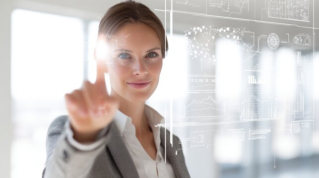 Businesswoman touching futuristic digital interface with data charts and holograms.