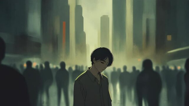 video of A lone individual amid a bustling crowd, highlighting a profound sense of isolation and the weight of solitude