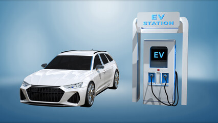 Electric cars are being charged in vehicle parking with solar panel energy, EV Charging Station, Clean energy filling technology. 3D illustration