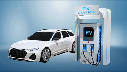 Futuristic electric car is connected to the EV charging station in the underground parking of the business center showroom. Technology and alternative energy concept. 3D illustration rendering