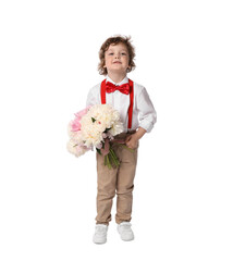 Cute little boy with bouquet of beautiful peonies on white background