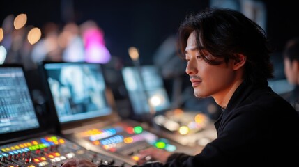 Young male audio engineer operating sound mixing console at live event indoors.