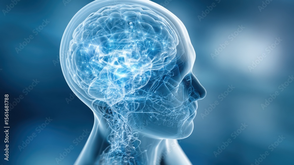 Poster Highly detailed digital illustration of a human brain within a transparent head profile with glowing neural networks.