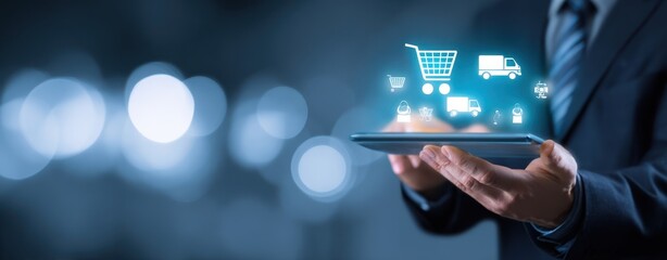 The businessman using a tablet to showcase innovative online shopping concepts.