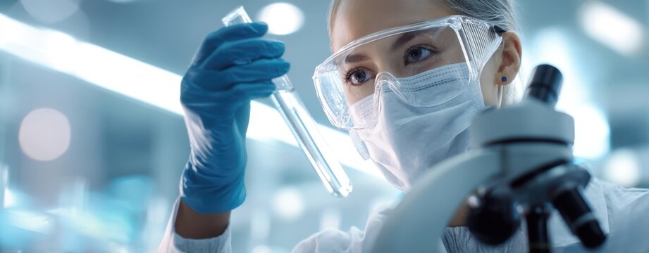 The scientist carefully examines the test tube in a modern laboratory setting.