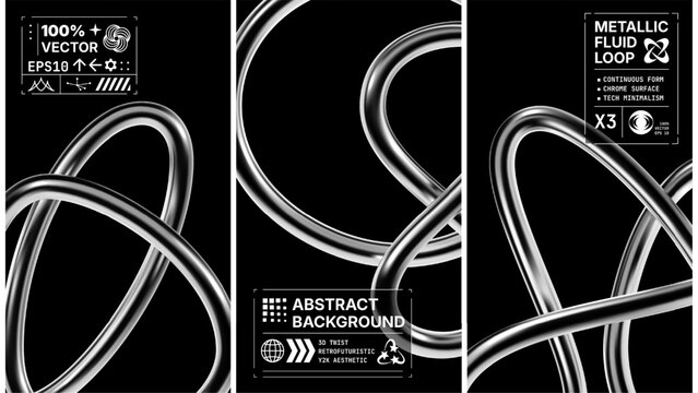 Futuristic 3D backgrounds with metallic chrome swirls in Y2K style. Abstract composition with reflective surfaces and cyber-inspired aesthetics