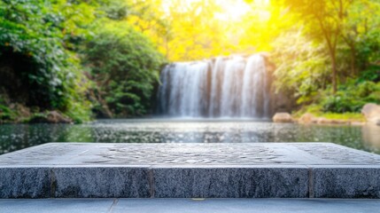 Stone platform in front of a waterfall
