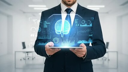 Businessman using a tablet with digital interface overlaying data and a brain model. - Powered by Adobe