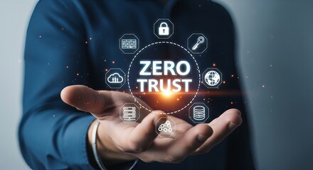 Hand Holding Futuristic Digital Security Interface with Zero Trust Concept and Cyber Protection