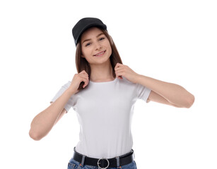 Young woman wearing stylish black baseball hat on white background