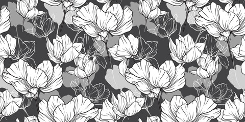 Black lined florals bloom across layered grey tones, balancing fine detail and soft gradients to create a flowing organic rhythm with bold elegance and visual depth