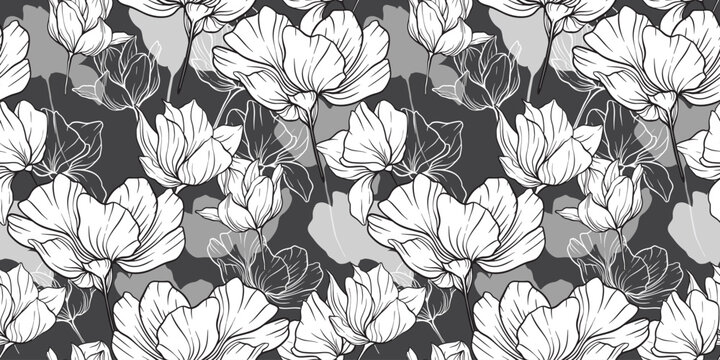 Black lined florals bloom across layered grey tones, balancing fine detail and soft gradients to create a flowing organic rhythm with bold elegance and visual depth