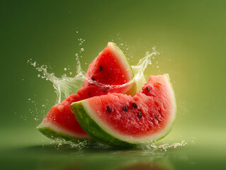 Juicy Watermelon Slices Splashing in Refreshing Water on Vibrant Green Background