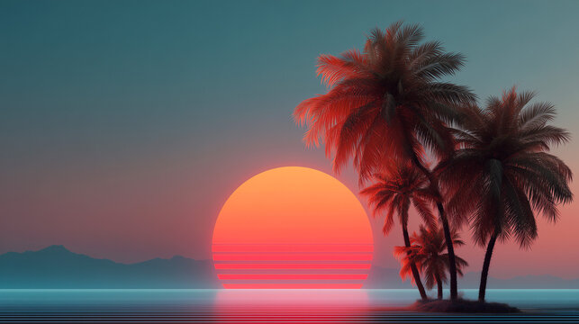 Retro 80s Synthwave Tropical Sunset with Palm Trees and Neon Sun over Ocean