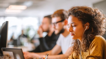 Diverse group of young people working together on digital devices in modern casual office.