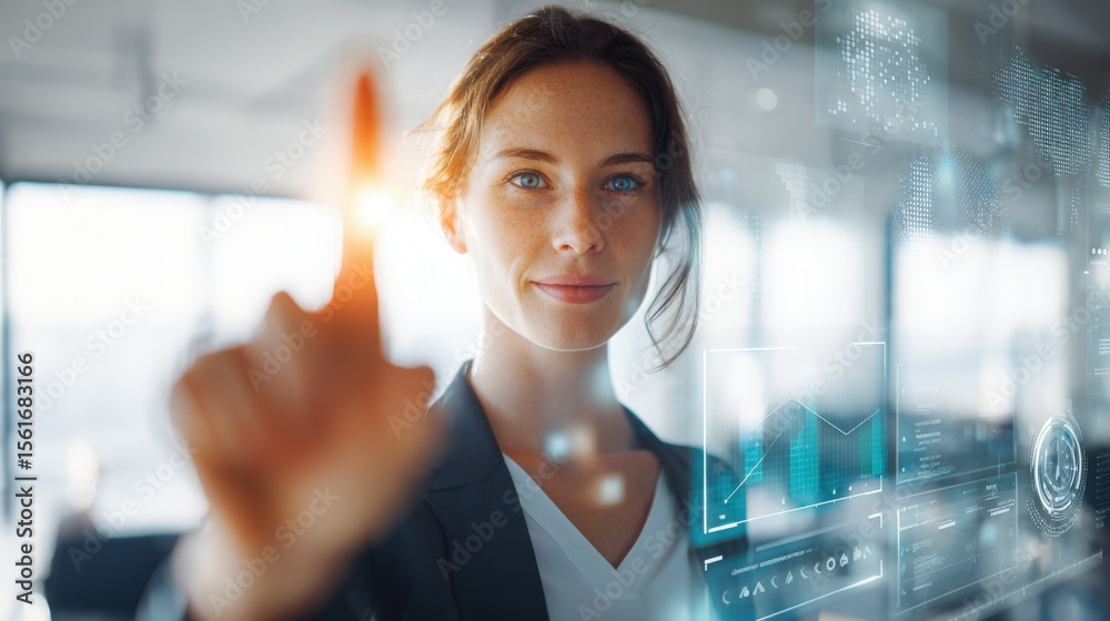 Poster businesswoman interacting with digital data interface in modern office environment.