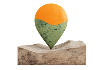 3D render of abstract location pin on a desert landscape.  Concept of travel, exploration, or adventure.